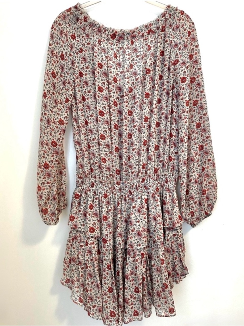 LoveShackFancy Granada Silk Mini Dress Red Floral Off Shoulder Ruffle Boho Small - Picture 5 of 10